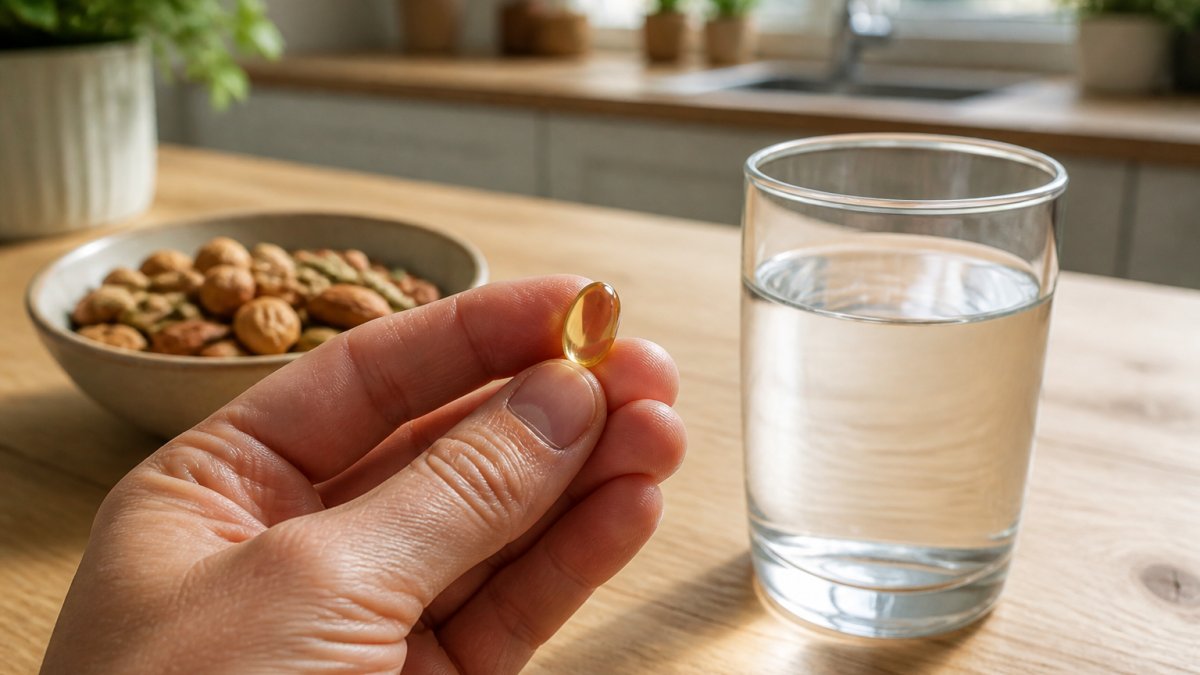 A close-up photograph of a clear supplement capsule held in a person's hand, with a glass of water and a small bowl of nuts and seeds on a light wooden table in a bright kitchen