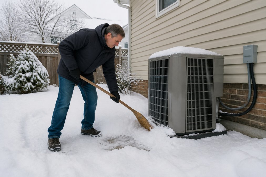 A homeowner in a heavy winter coat and gloves using a broom to sweep snow away from the base of a heat pump outdoor unit in a snowy backyard, house visible in the background, soft overcast daylight