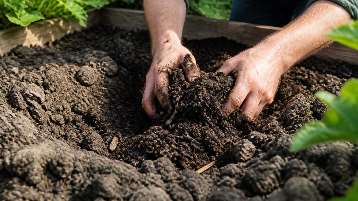 Gardener's hands working dark compost and organic matter into heavy clay soil in a garden bed, showing texture change and material mixing, with morning light on the soil
