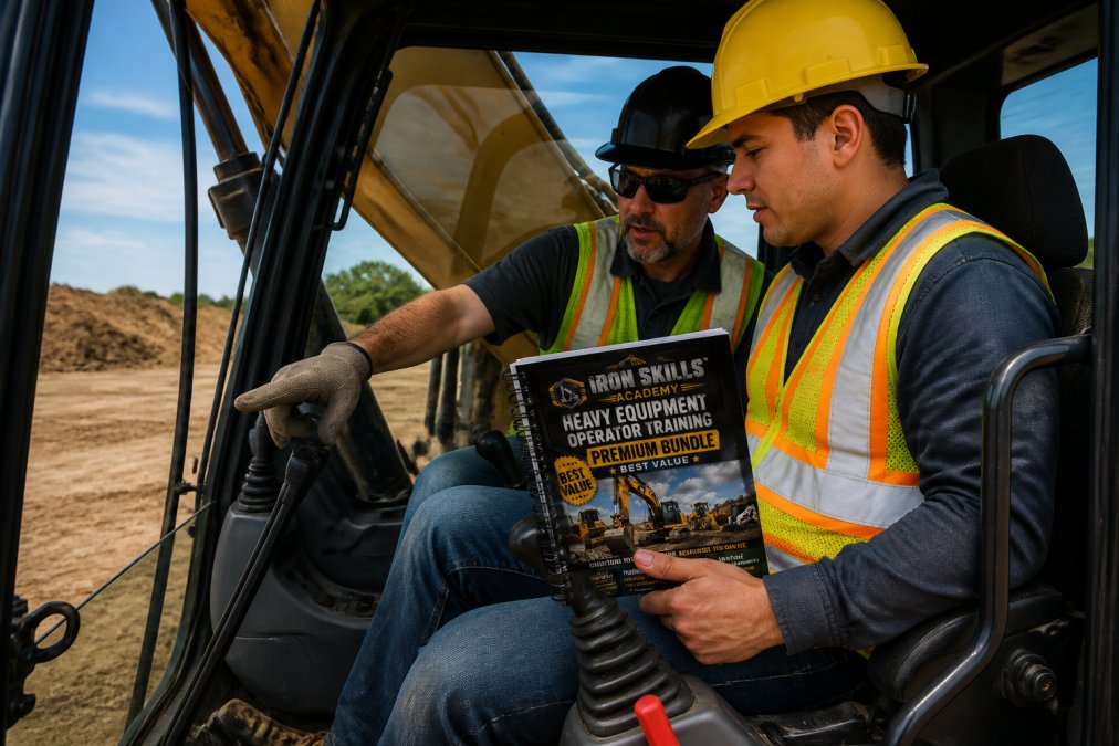 Experienced heavy equipment operator instructing a trainee in the cab of an excavator on a sunny job site, pointing to controls and demonstrating proper operation techniques with hands-on guidance