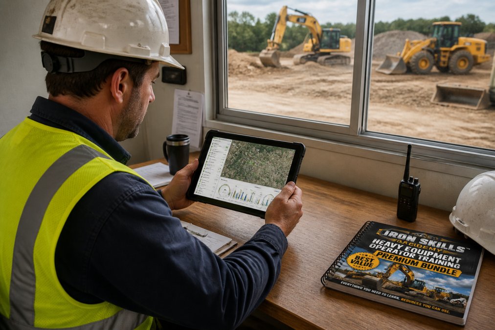 Construction manager reviewing real-time equipment data on a tablet at a job site office, monitoring fleet performance with charts and location tracking displayed on screen