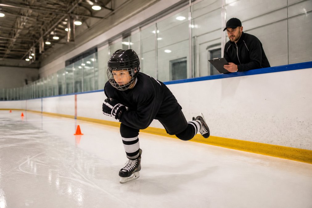 Youth hockey player executing a powerful stride to improve hockey skating speed while a coach watches from the boards.