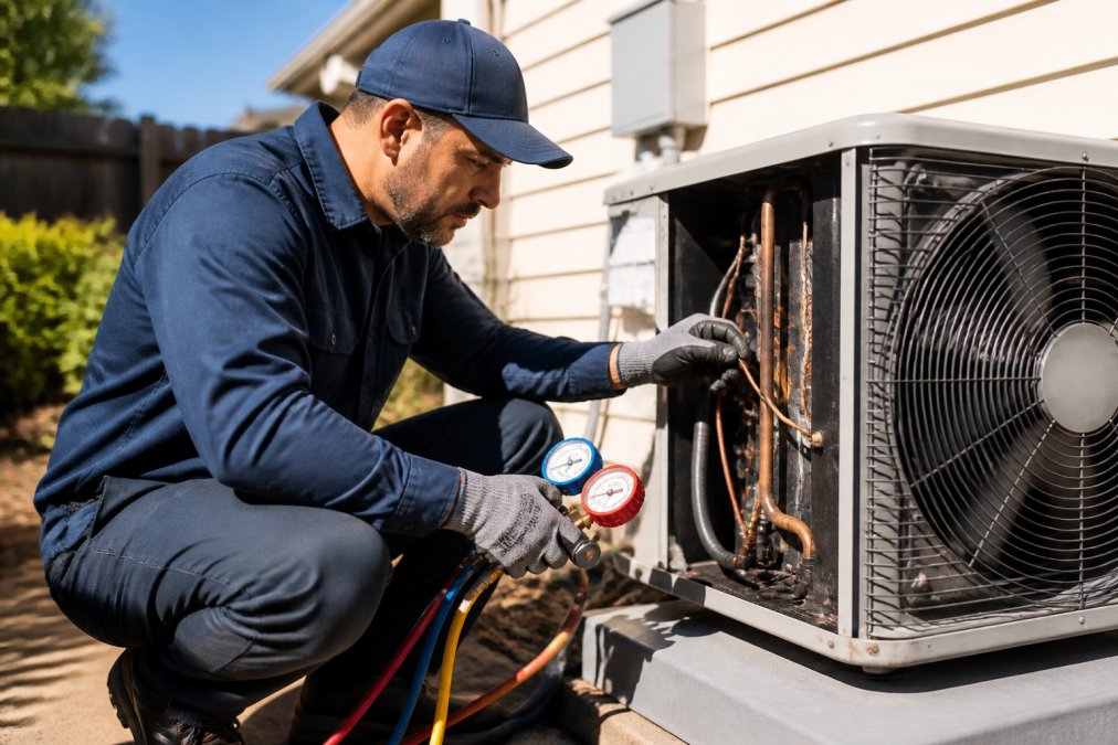 Professional HVAC technician in blue uniform inspecting outdoor air conditioning condenser unit on residential home, checking copper refrigerant lines and coils in bright afternoon sunlight