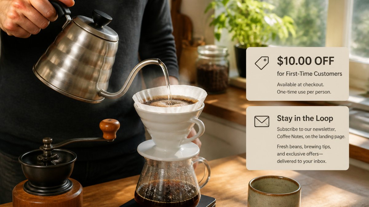 Close-up of hands pouring water from a gooseneck kettle into a pour-over coffee dripper with fresh grounds visible, morning light streaming through kitchen window