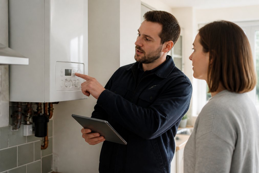 A Gas Safe registered engineer in uniform adjusting a modern combi boiler with a tablet in hand, showing the homeowner the digital controls in a bright kitchen