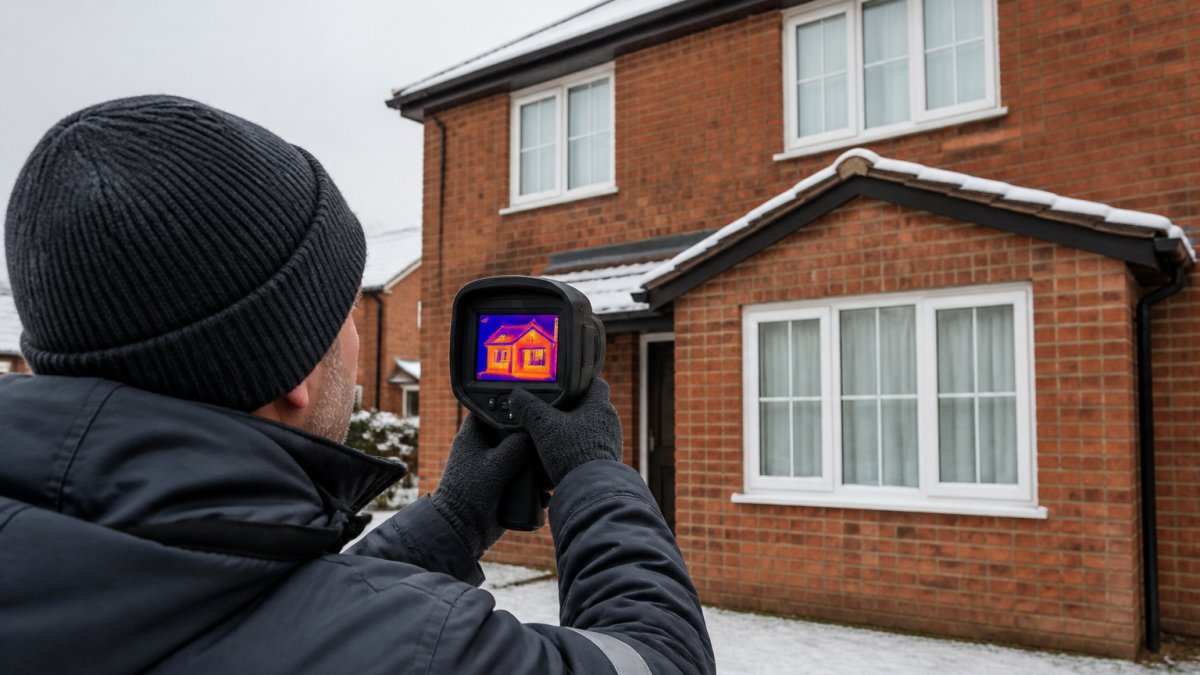 Professional surveyor using thermal imaging camera to detect heat loss patterns on exterior brick wall of residential home, showing temperature variations in windows and roof line during winter inspection