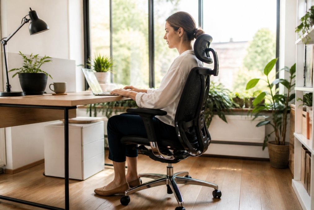 Professional sitting in a supportive ergonomic office chair at a properly arranged desk, demonstrating correct posture with lower back support and feet flat on the floor in a bright home office
