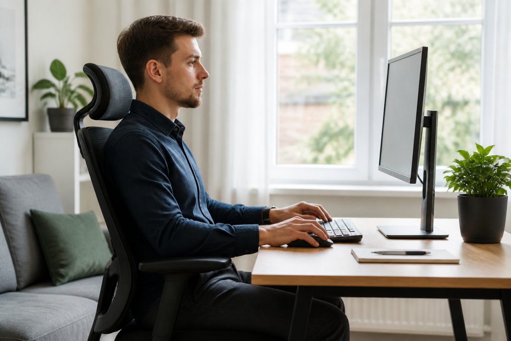 Side view of a home office setup showing a monitor positioned at eye level with a person's head in neutral alignment, keyboard and mouse at elbow height, with natural window lighting