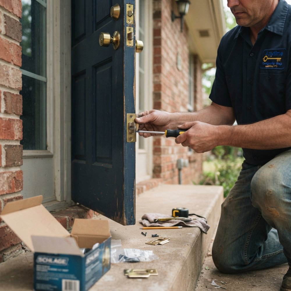 Close-up of hands installing a deadbolt and reinforced strike plate on a residential exterior door, with a screwdriver and hardware laid out on a nearby step