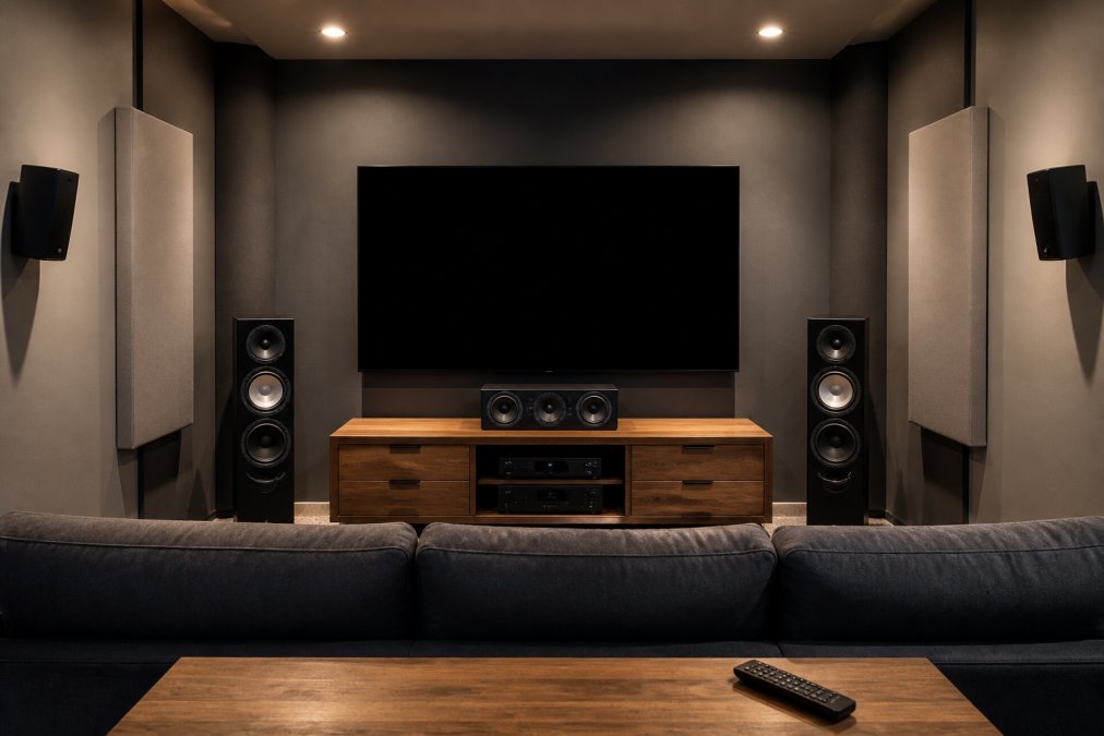 A dimly lit home theater room with a center speaker on a media console beneath a wall-mounted TV, left and right floor-standing speakers placed symmetrically, and surround speakers mounted on side walls slightly behind a central sofa