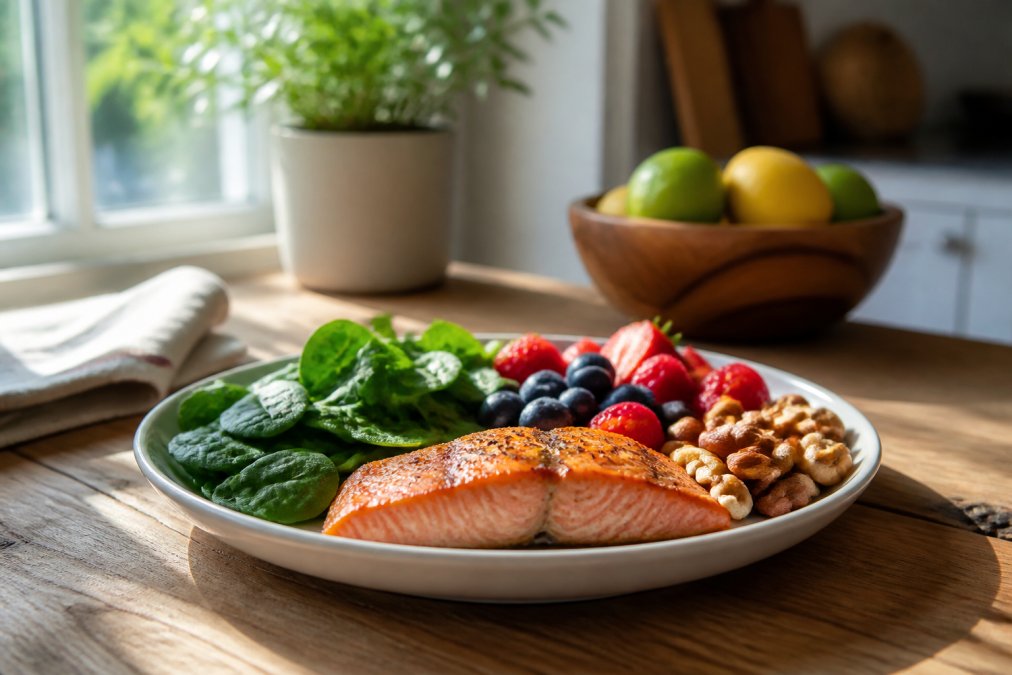 A colorful dinner plate filled with leafy greens, berries, nuts, and grilled salmon on a wooden kitchen table, natural daylight streaming through a nearby window