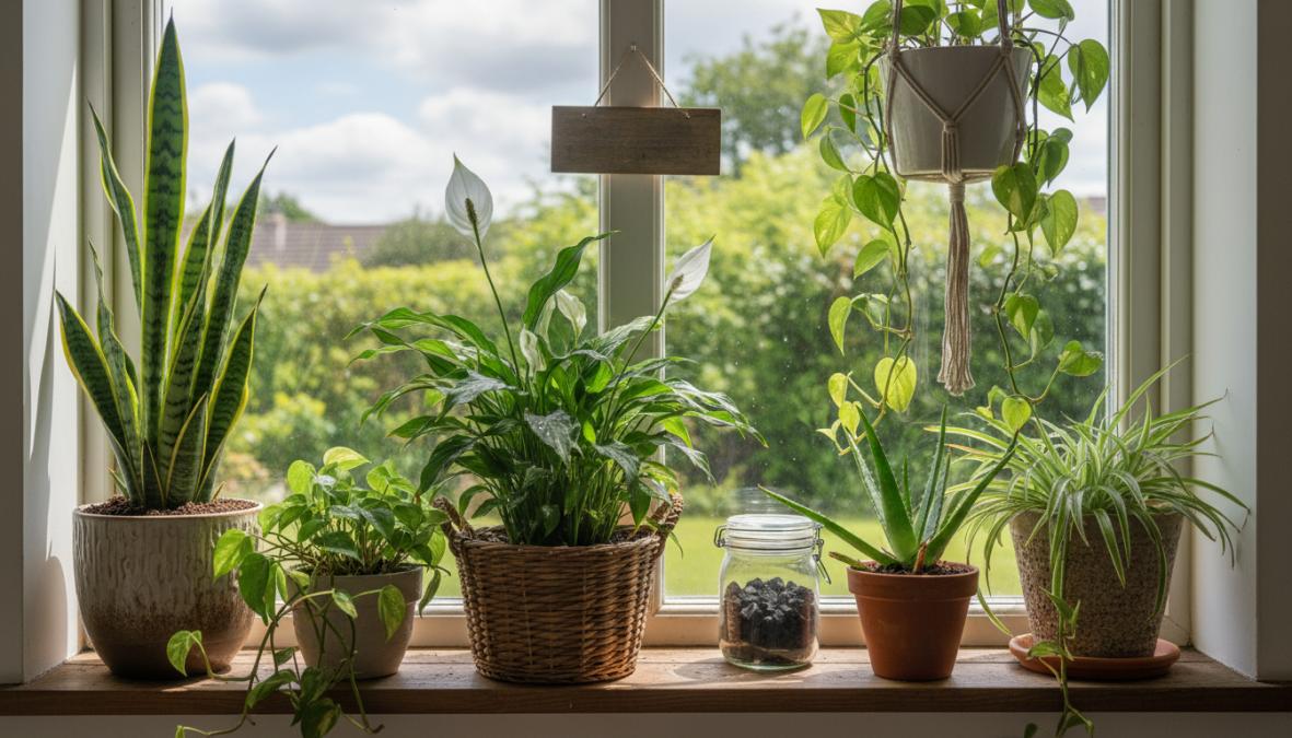 Sunlit living room with several lush potted houseplants arranged on a wide windowsill, an open window letting in morning light, clean white walls and minimal furniture creating an airy and healthy-feeling interior space