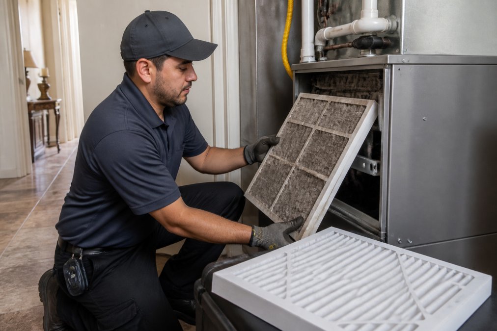 An HVAC technician in a branded uniform carefully removing a visibly dirty air filter from a residential HVAC unit inside a suburban Las Vegas home, with a clean replacement filter resting on a nearby surface