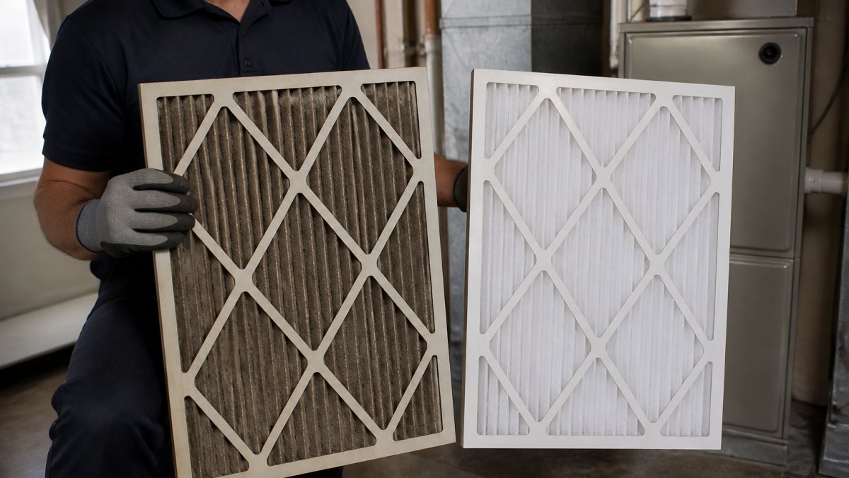 Professional technician's hands holding a dirty HVAC furnace filter next to a clean white replacement filter, showing the contrast in color and dust accumulation, in a home utility room with natural light