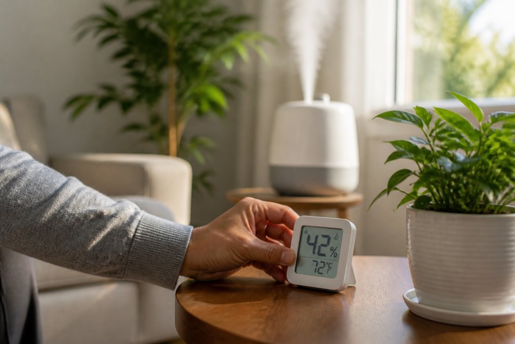 A person adjusting a digital hygrometer on a wooden side table in a bright living room, with a humidifier releasing visible mist in the background and soft afternoon light through the window
