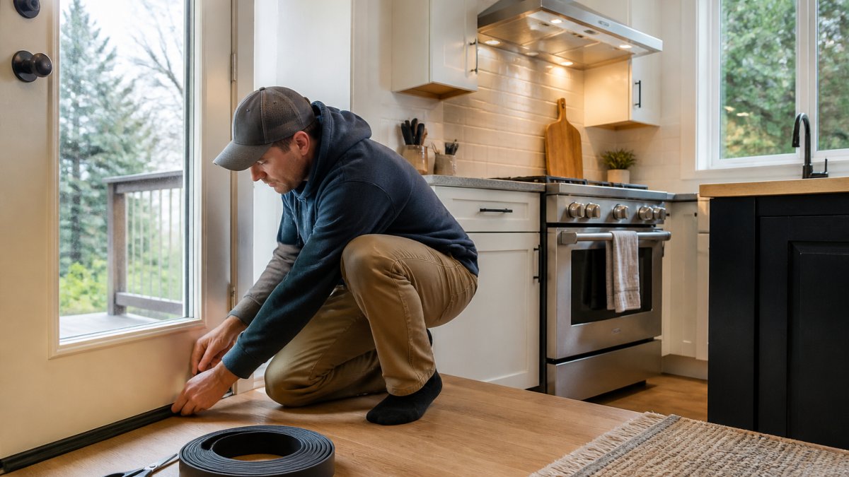 A homeowner sealing gaps under a kitchen door with weatherstripping while a range hood runs above the stove in a bright Pacific Northwest kitchen