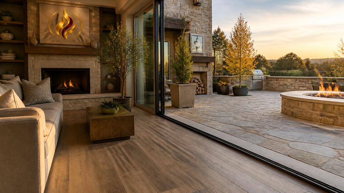 A wide-open sliding glass door connecting a bright living room to a stone patio with a lit fire feature, with the same warm flooring tone continuing across a low threshold, late afternoon light