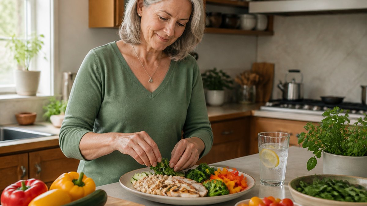 Woman in her 50s preparing a healthy plate of vegetables, lean protein, and whole grains in a bright kitchen.