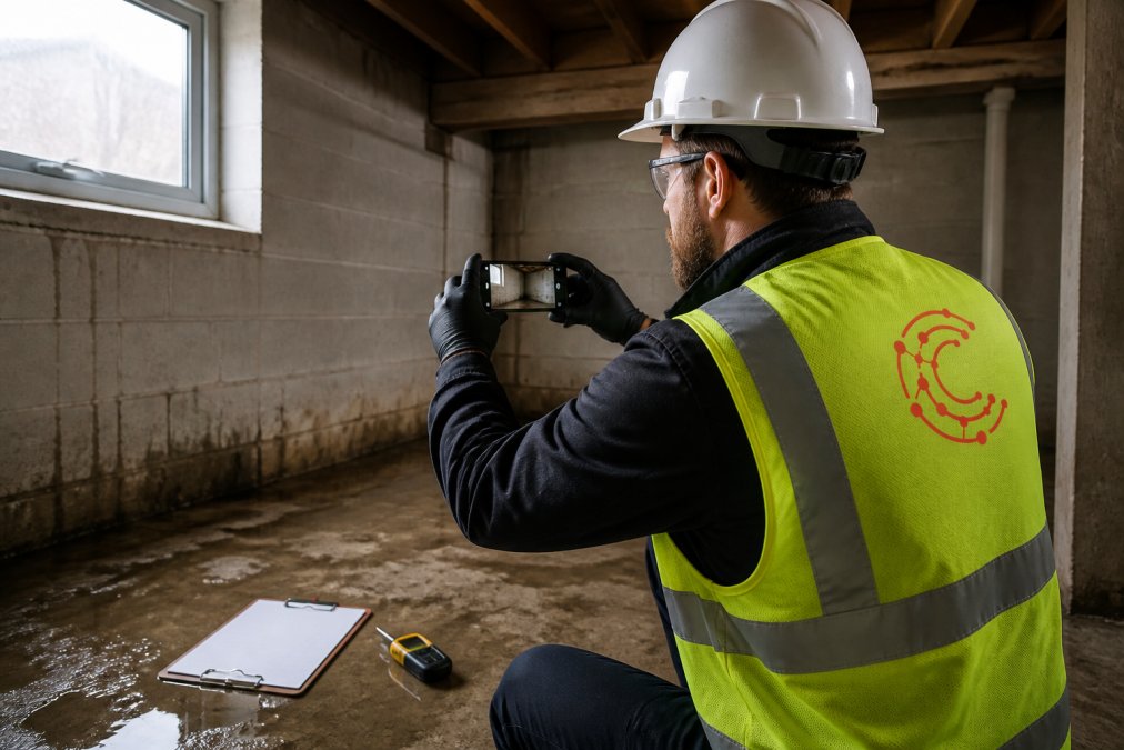 A restoration contractor in safety gear photographing water damage in a residential basement with a smartphone, clipboard and moisture meter nearby, natural light from a window