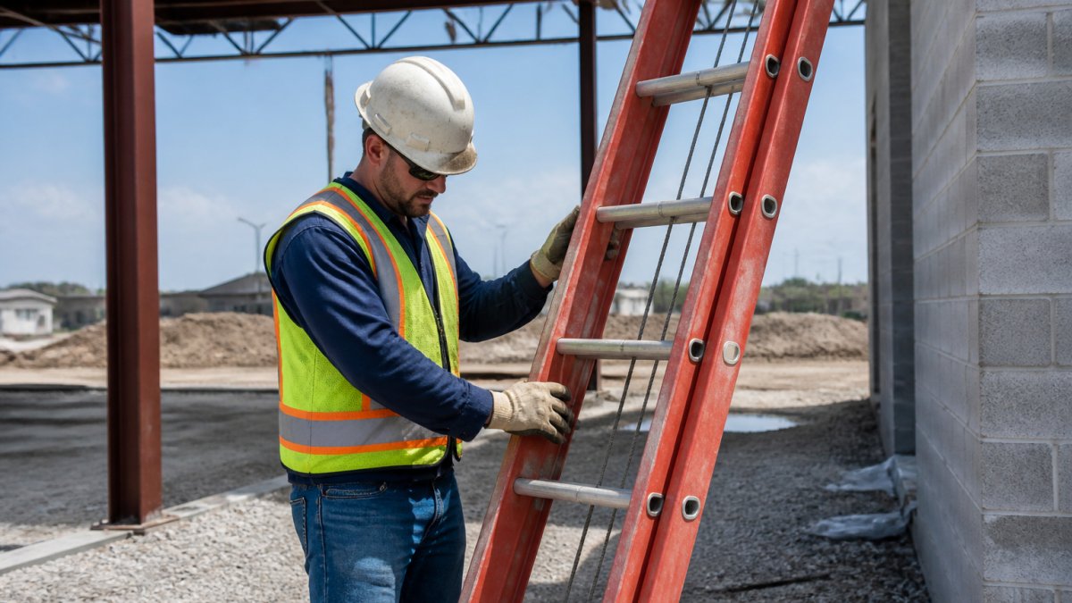 Construction worker performing systematic ladder inspection on extension ladder, checking side rails and rungs in daylight on job site