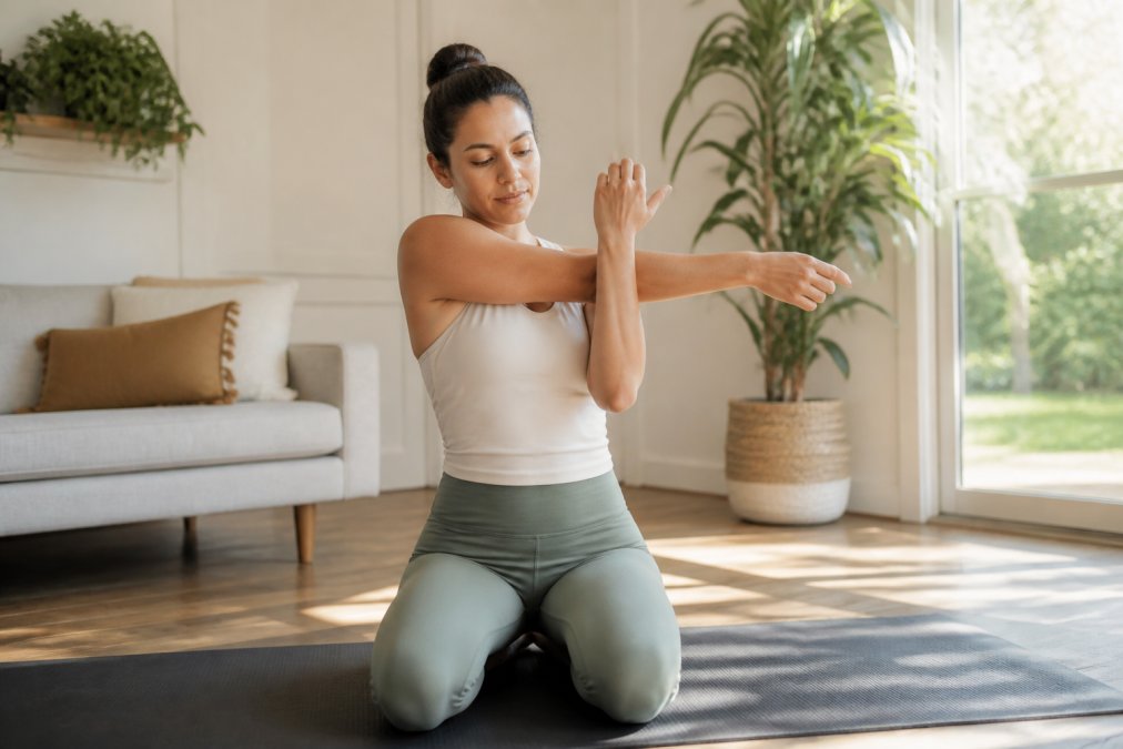 Adult performing gentle shoulder mobility work on a yoga mat in a bright, sunlit living room with plants, demonstrating controlled movement with relaxed posture