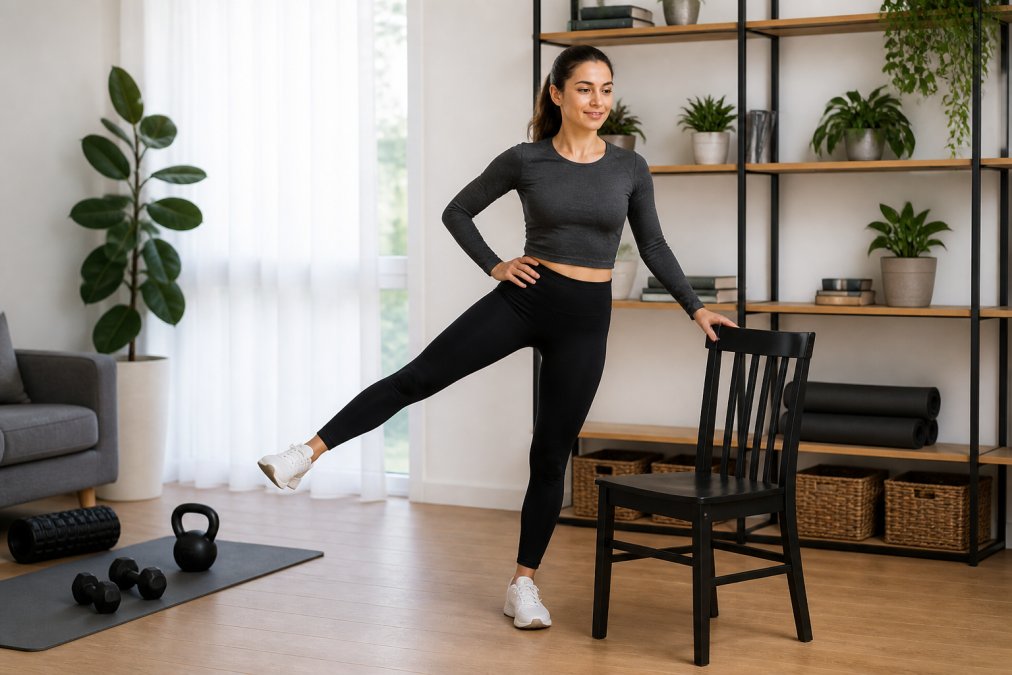 Person performing hip circles and leg swings in a bright home gym space, demonstrating proper balance and controlled movement with one hand on a sturdy chair