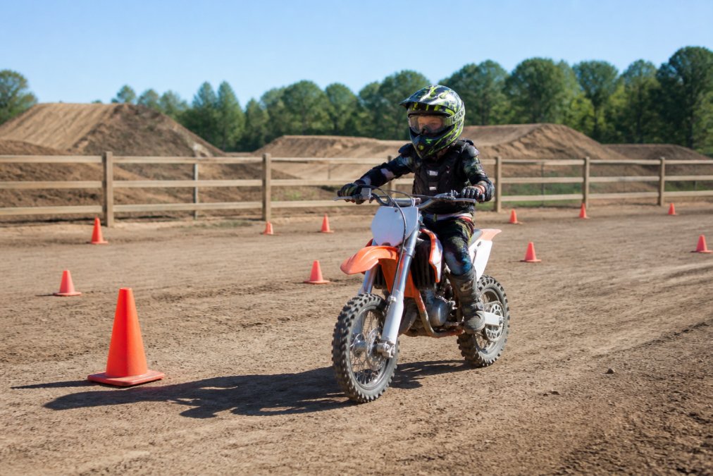 Child rider on a dirt bike practicing throttle control on a flat, open training area with visible track markers and safety cones, in bright daylight