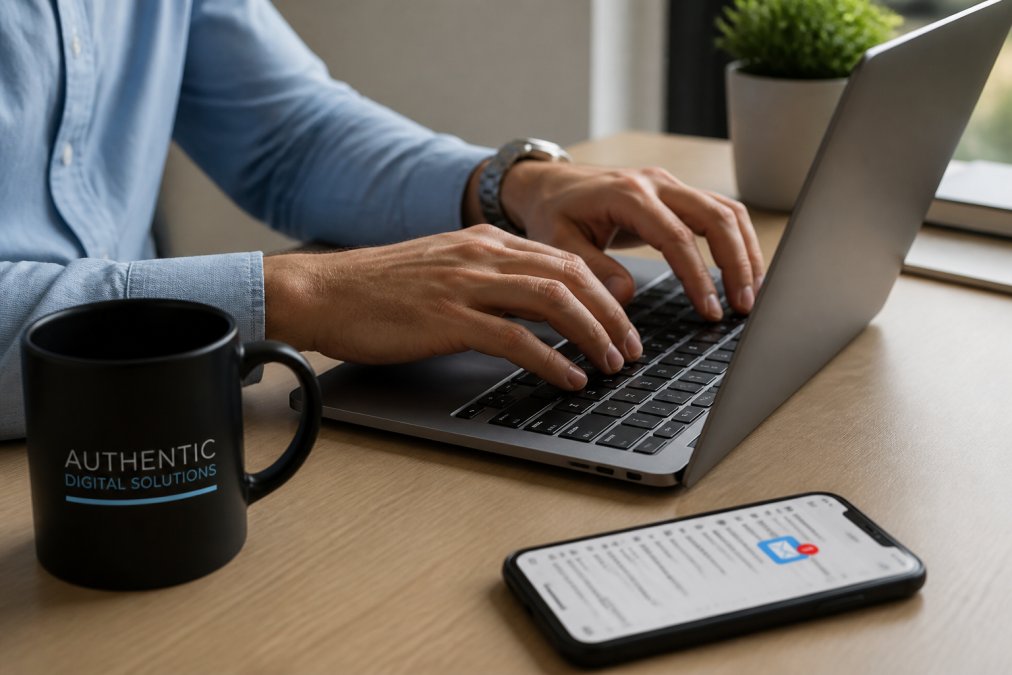 Close-up of a person's hands typing on a laptop with a smartphone beside it showing an email inbox notification, on a clean desk with soft natural lighting