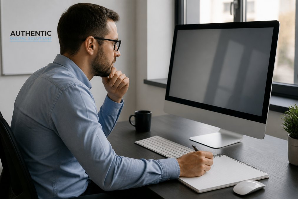A focused marketing professional reviewing email analytics dashboards on a desktop monitor in a modern office, notepad open beside the keyboard