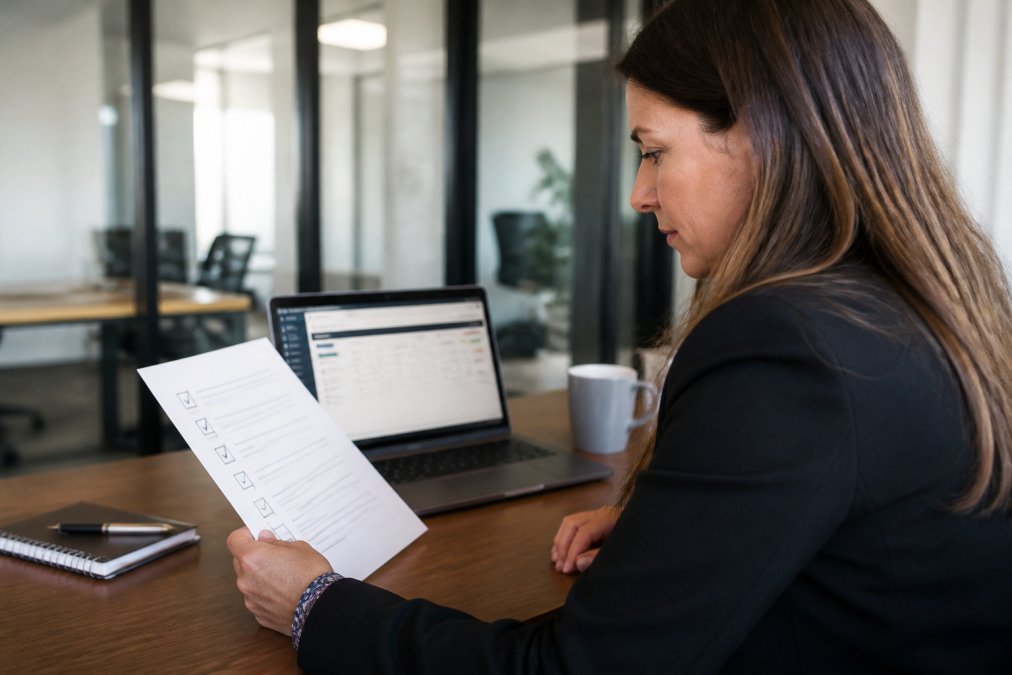 A business professional reviewing a printed checklist at a desk, with a laptop open to a CRM dashboard in the background, in a clean modern office with warm overhead lighting