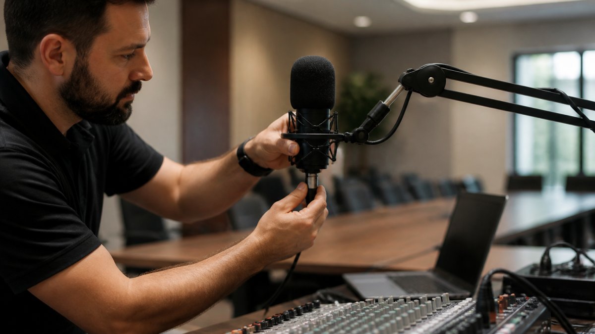 A broadcast technician adjusting a cardioid condenser microphone on a boom arm in a conference room, with a mixing desk and laptop visible in soft background light