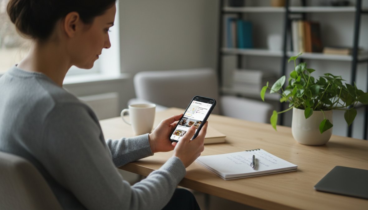 Close-up of a person's hands scrolling through a Google Business Profile on a smartphone, with a coffee cup and notebook visible on the desk beside them