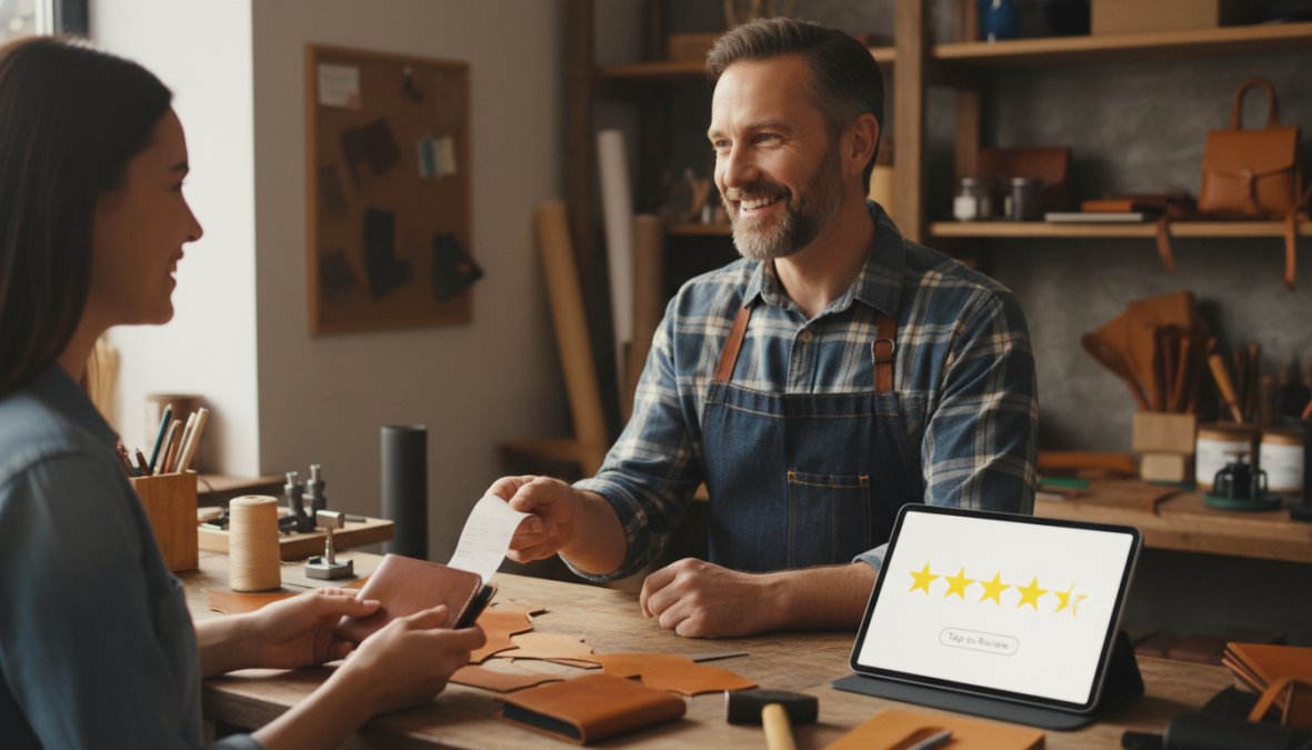 A smiling small business owner at a counter handing a receipt to a customer, with a tablet displaying a five-star review prompt visible nearby