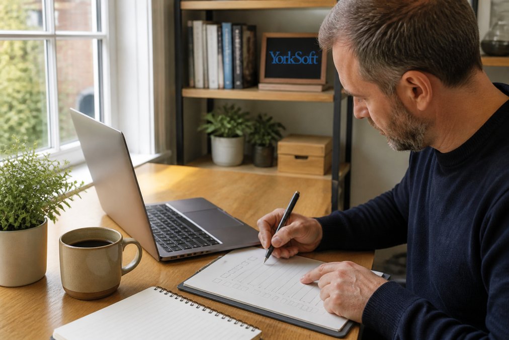 Close-up of a business owner reviewing local search analytics and an audit checklist on a laptop in a bright home office, notepad and coffee beside them