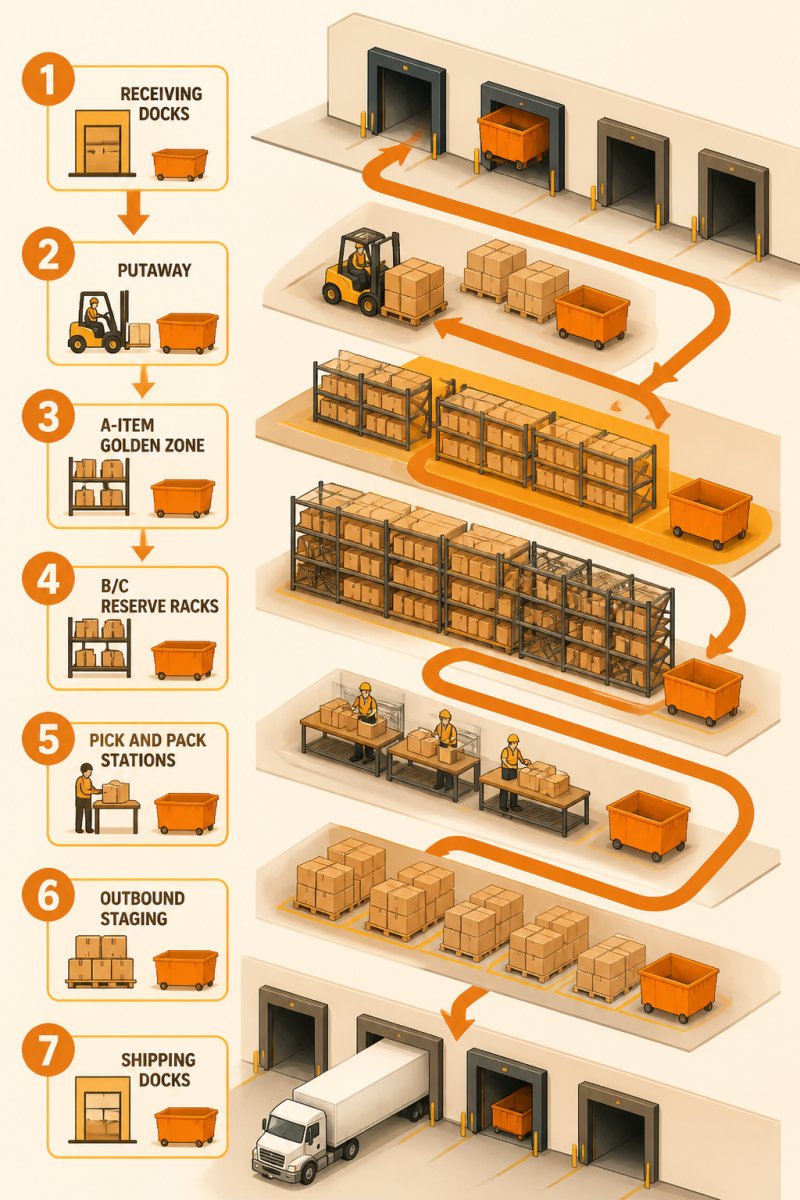 Flowchart showing one-way distribution center traffic flow: receiving docks → putaway → A-item golden zone → B/C reserve racks → pick and pack stations → outbound staging → shipping docks
