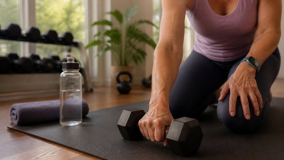 A woman in her fifties lifting a dumbbell in a bright home gym, focused expression, water bottle and mat nearby