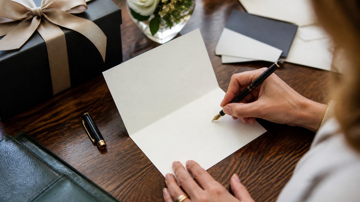 Handwritten thank-you note beside a luxury loyalty gift and fountain pen