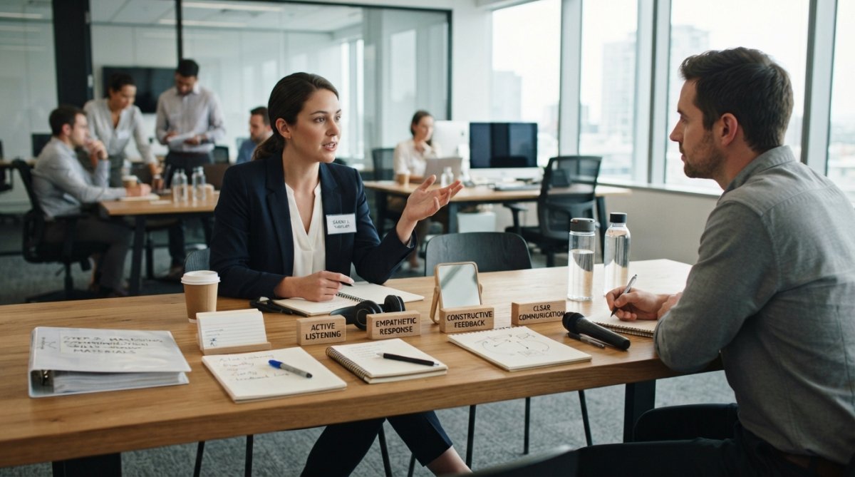 A manager having a focused one-on-one conversation with a team member at a modern office desk, both engaged with open body language and genuine attention, natural office lighting streaming through windows