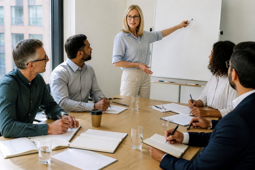 Group of managers seated around table in bright training room, actively discussing and taking notes, facilitator pointing at whiteboard with engagement visible on faces