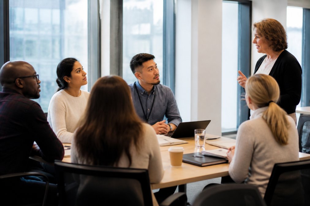 Diverse group of managers engaged in professional development workshop, sitting around a table with notebooks and laptops, actively participating in discussion with a trainer in a bright, modern training room with natural light