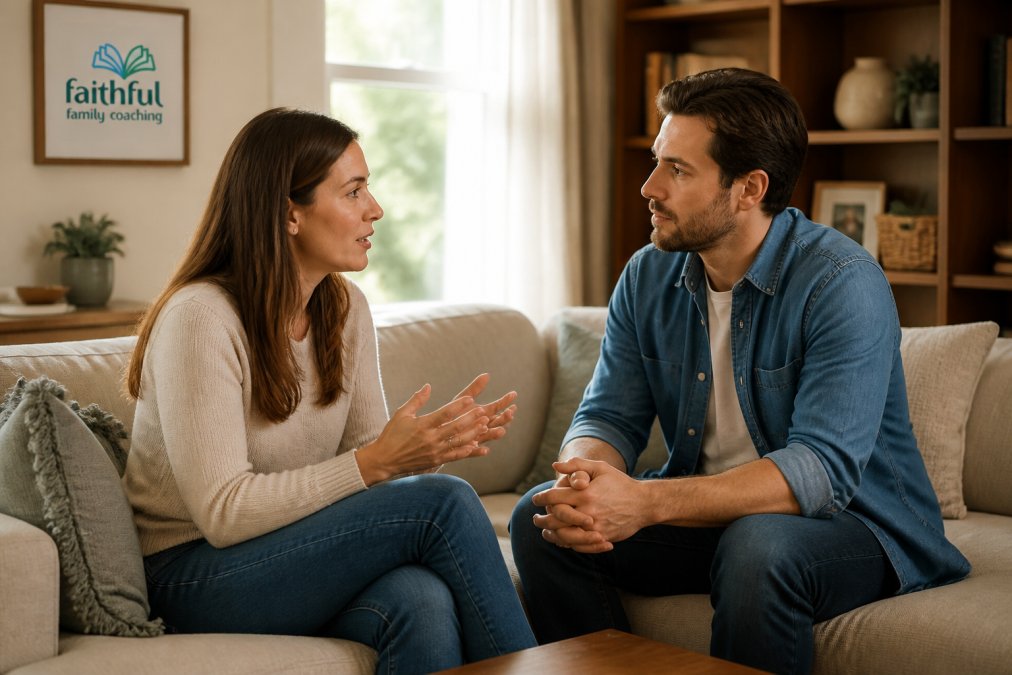 A couple sitting face-to-face on a couch in a warm living room with soft natural lighting, one spouse leaning forward with focused attention while the other speaks, both appearing calm and engaged