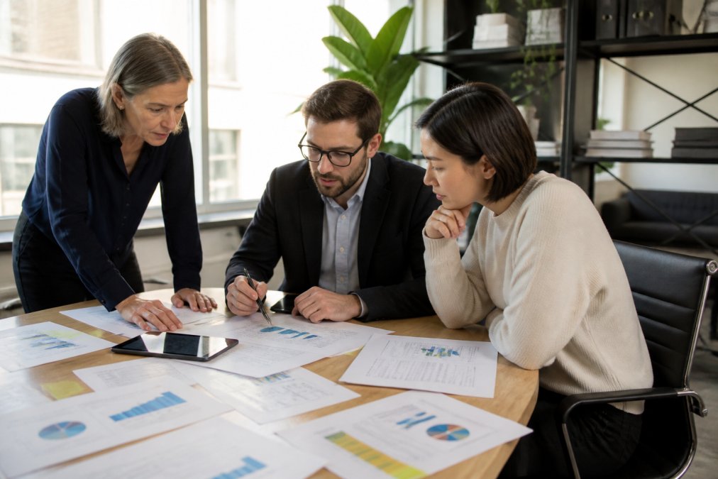 Marketing team reviewing analytics dashboards and campaign performance data on multiple computer monitors in a modern office setting with natural lighting