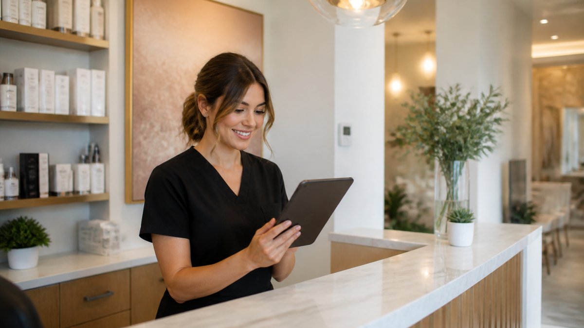 A med spa front desk staff member smiling while reviewing patient feedback on a tablet in a bright, modern reception area