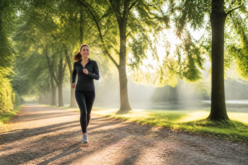 Person jogging through a sunlit park in early morning with trees lining the path and natural light filtering through branches