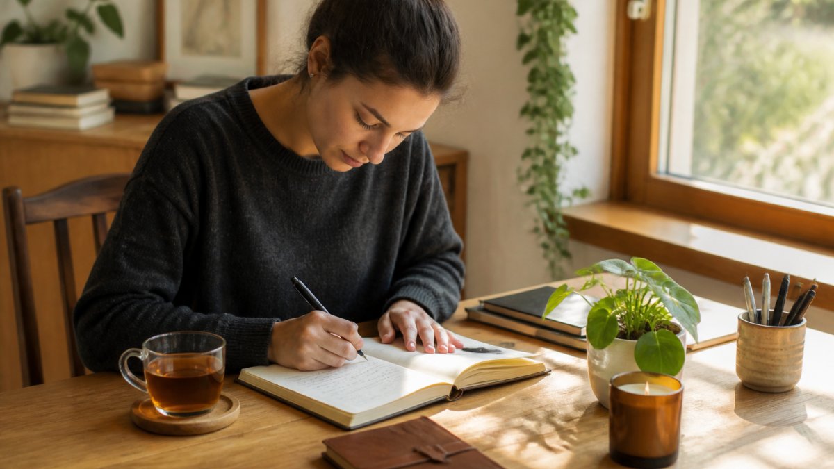 A person journaling at a clean wooden desk with a cup of herbal tea, soft morning light through a window, calm and focused atmosphere