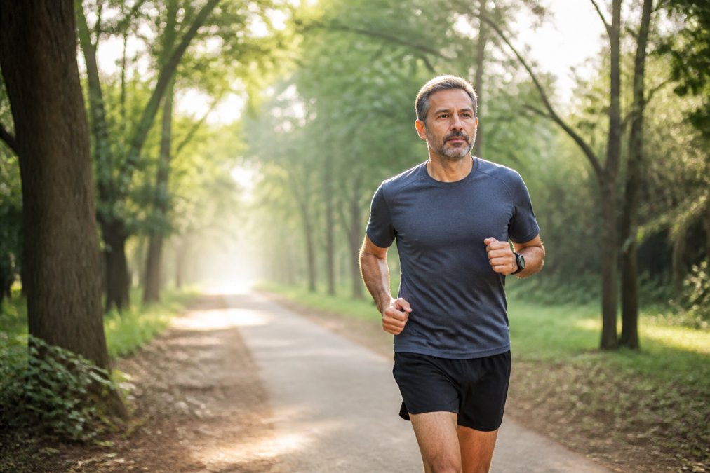 A man in his 40s jogging on a tree-lined path in the early morning, wearing athletic clothes and looking focused