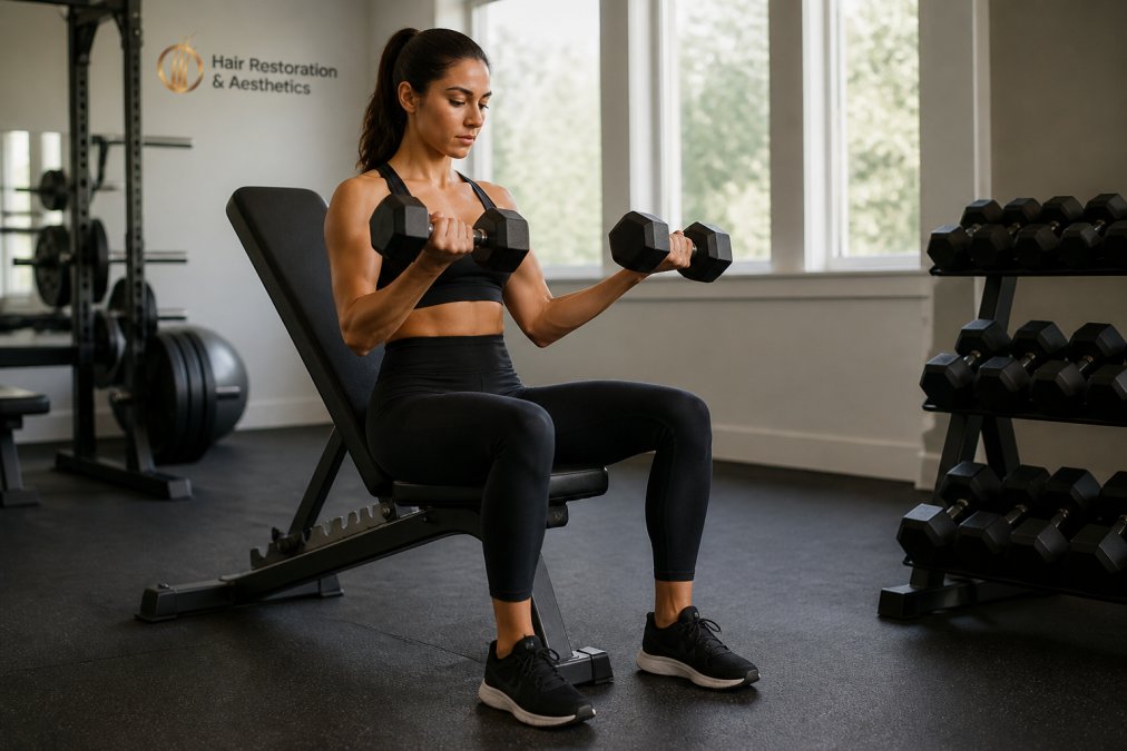 Person performing resistance training with dumbbells in a bright gym setting, demonstrating proper form with engaged core and controlled movement