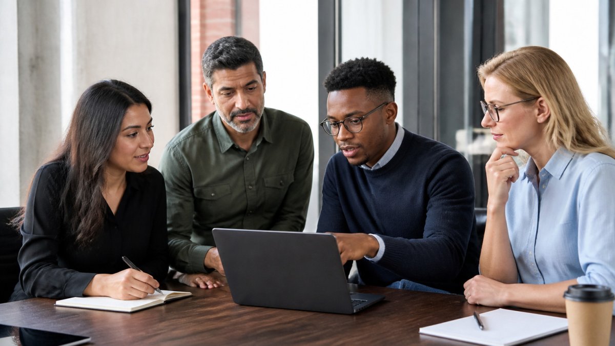 Colleagues collaborating on a shared document to improve Microsoft 365 adoption in a modern office meeting room