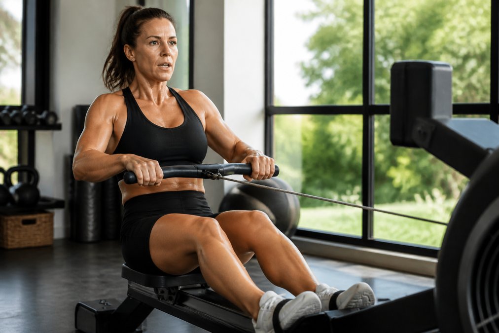 Woman in her 40s rowing in a home gym to boost mitochondrial function through high-intensity interval training.
