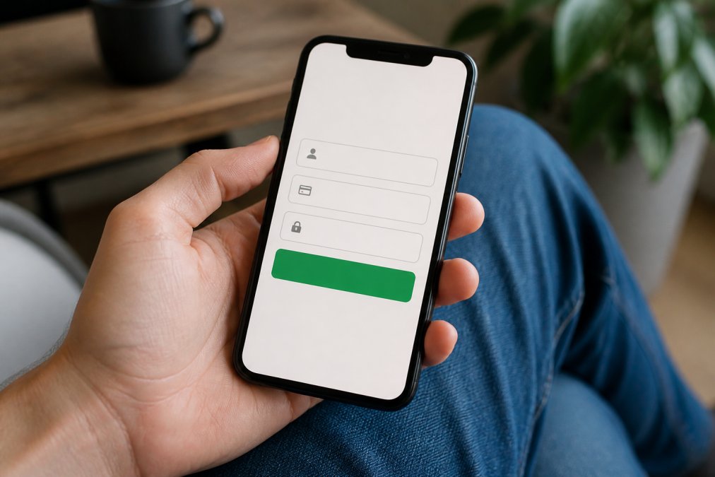 Close-up of a hand holding a smartphone displaying a clean, minimal checkout form with three input fields and a large green payment button, bright natural lighting